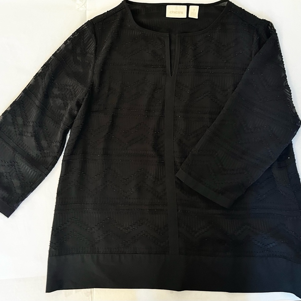Chicos Embroidered Knit Top V Neck Top, 3/4 Sleeve, Black, Size 1, Preowned